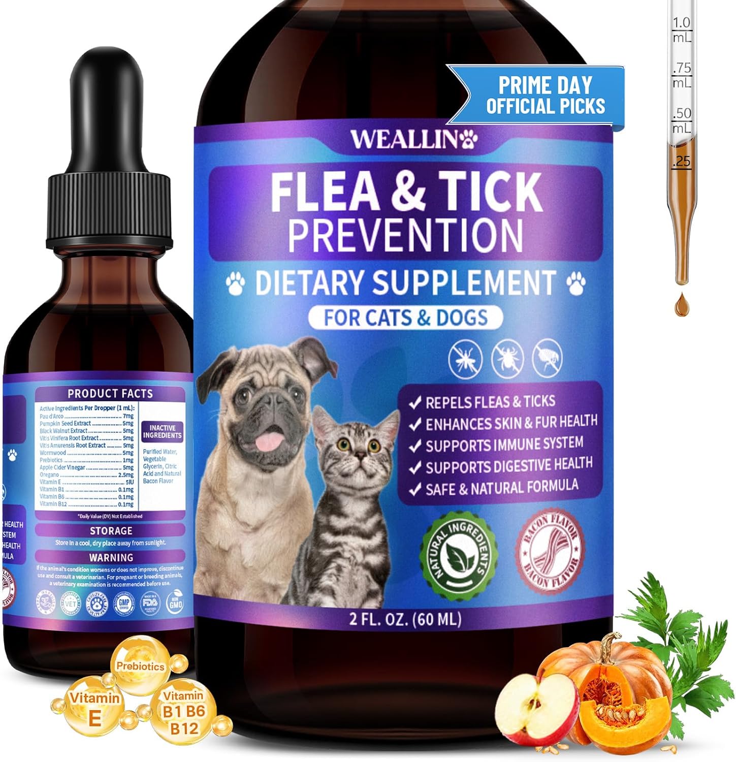 WEALLIN flea and tick prevention drops front view of the bottle showing bacon flavor label.