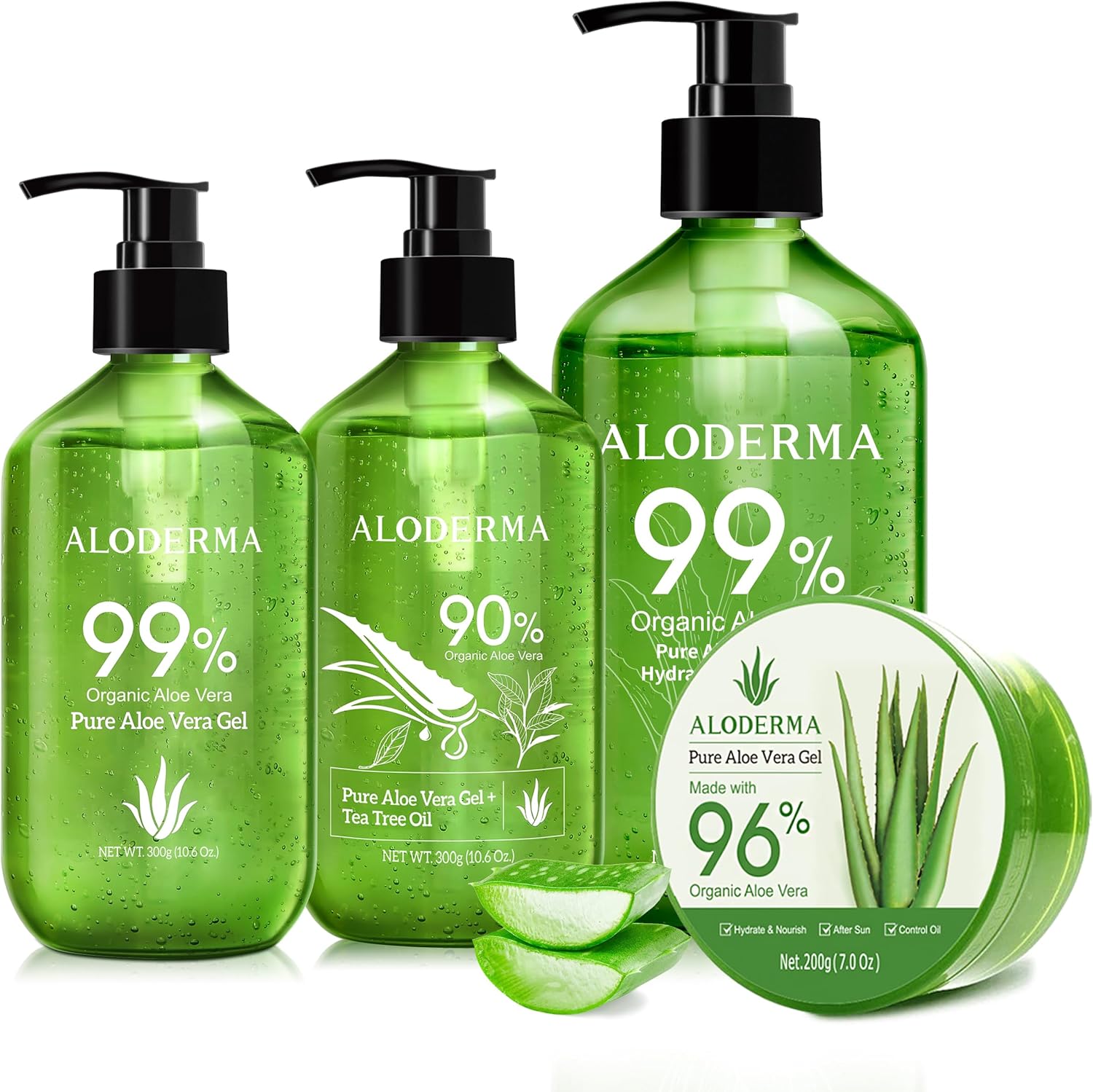 Aloderma Aloe Vera Gel Set front view showcasing four organic skincare bottles