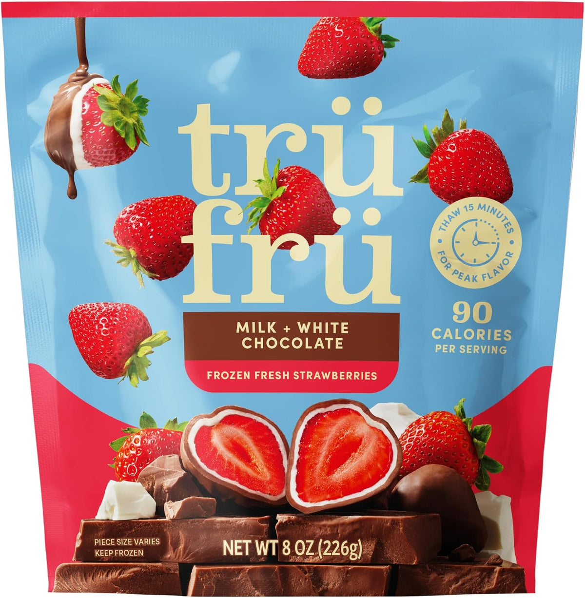 Tru Fru frozen strawberries white and milk chocolate front packaging