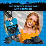 Traditional Dutch licorice coins from Gustaf's showing the European coin design details.