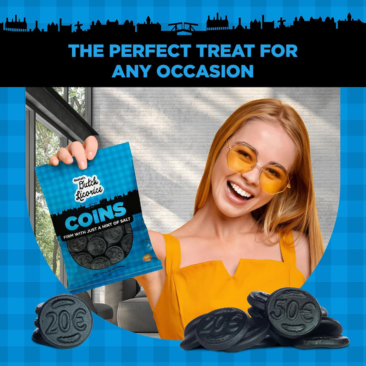 Traditional Dutch licorice coins from Gustaf's showing the European coin design details.