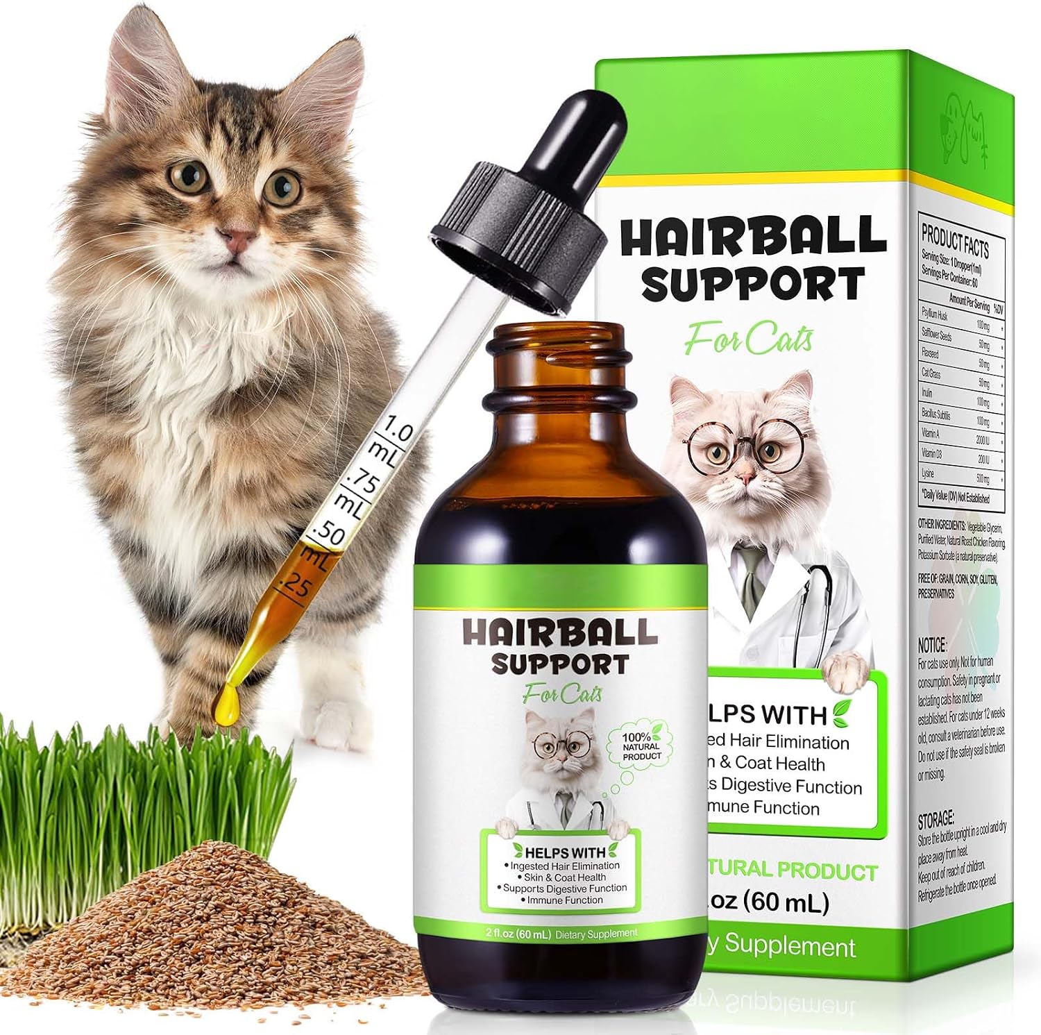 FRDUGA natural hairball treatment drops for cats front view bottle with dropper