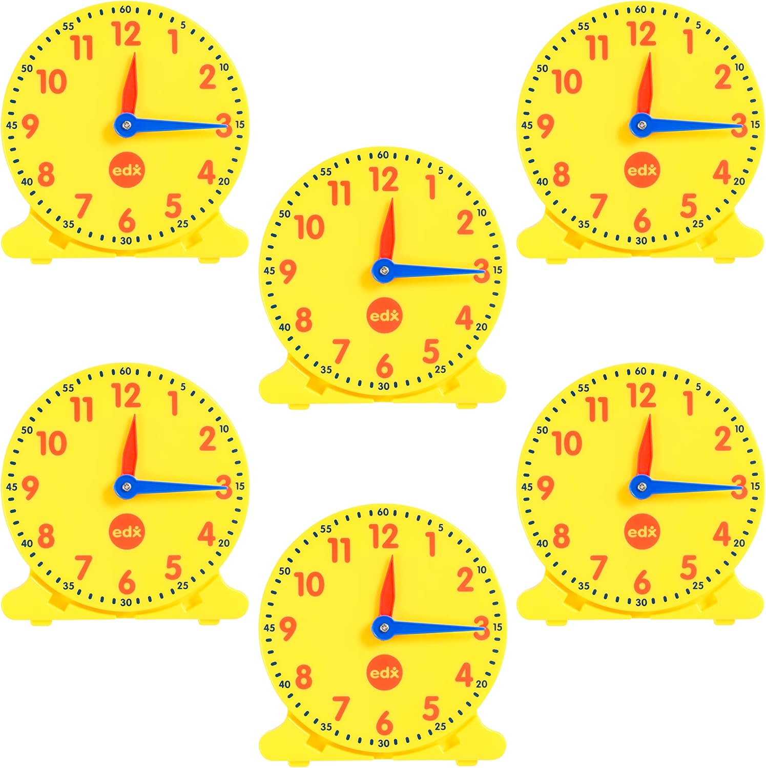 Edxeducation Student Clocks learning set of 6 front view showing bright yellow face and color coded hands.