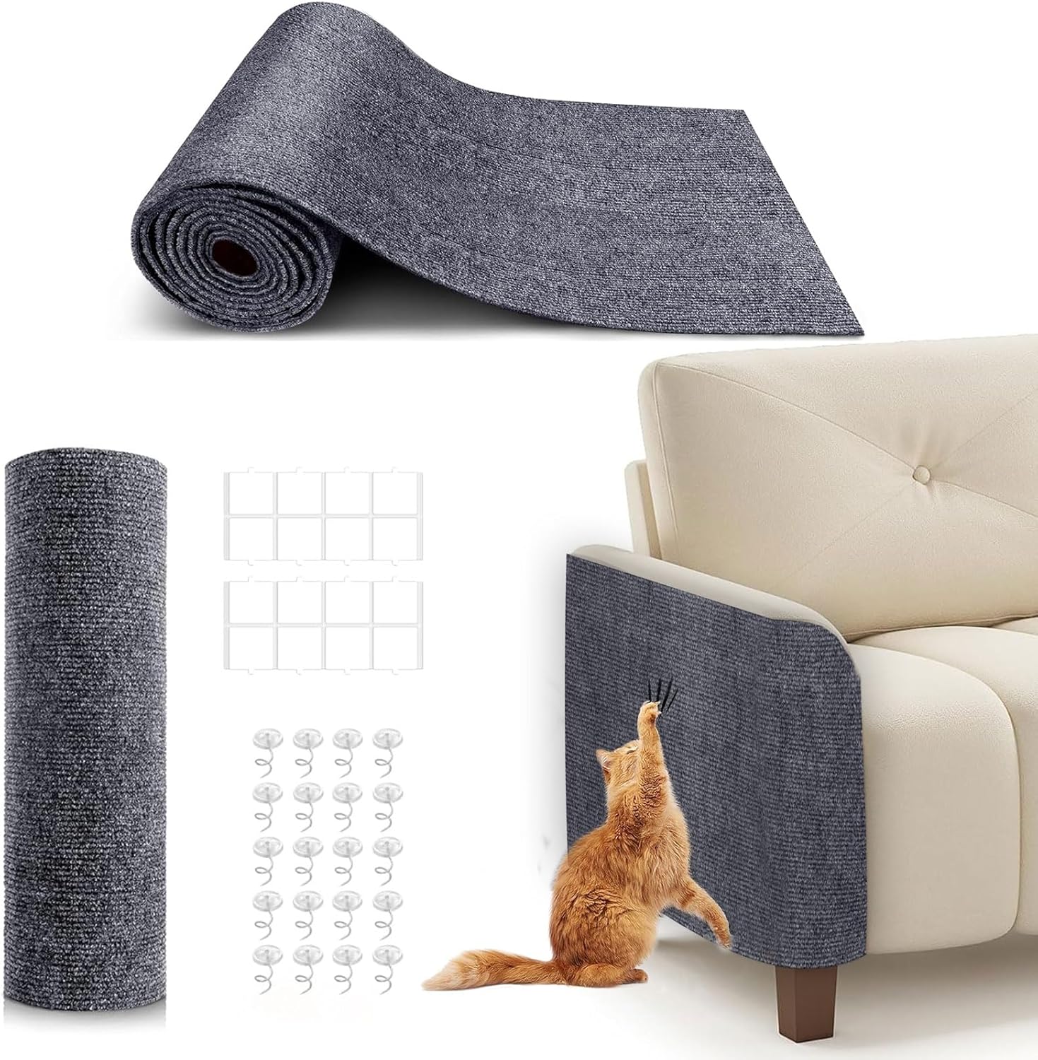Generic self adhesive cat scratching mat front view showcasing the dark grey textured felt surface roll.