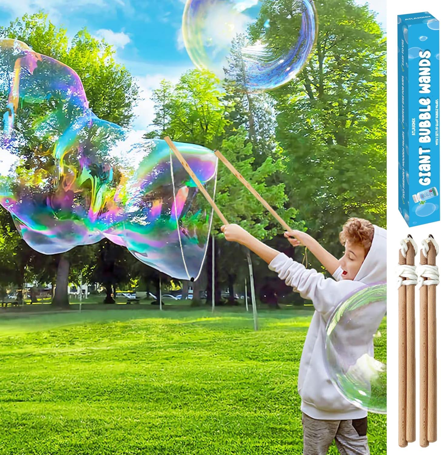 Atlasonix wooden giant bubble wands front view showing outdoor bubble maker set