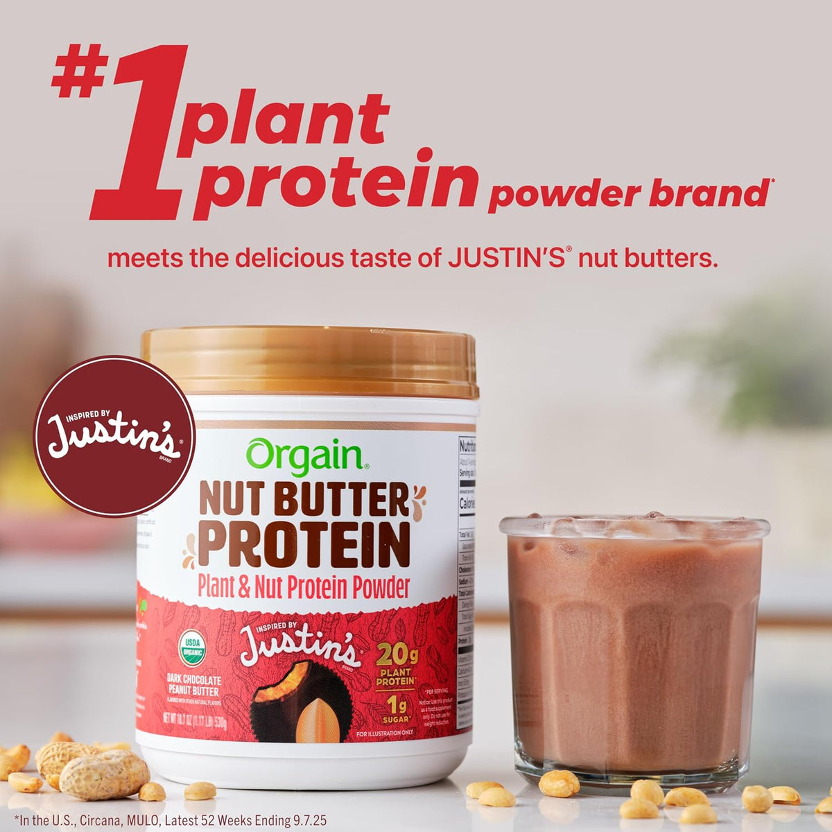 Orgain X Justin's plant based protein powder nutritional facts panel view