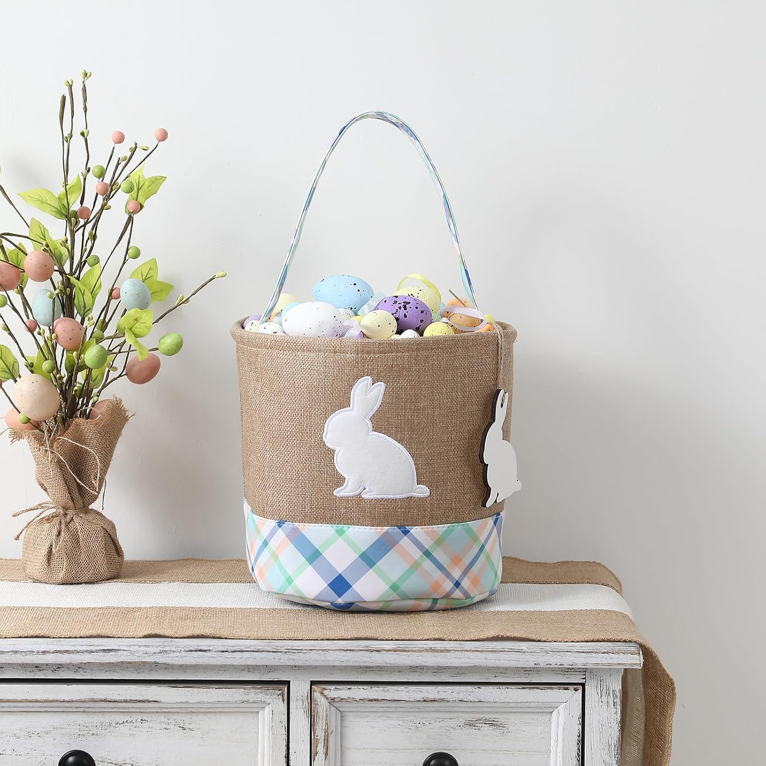 Funouhome blue Easter bunny basket with wooden tag front view