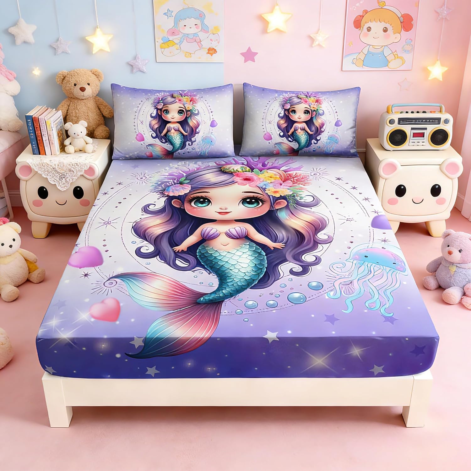 Uevbf Princess Mermaid bedding set full view for kids bedroom