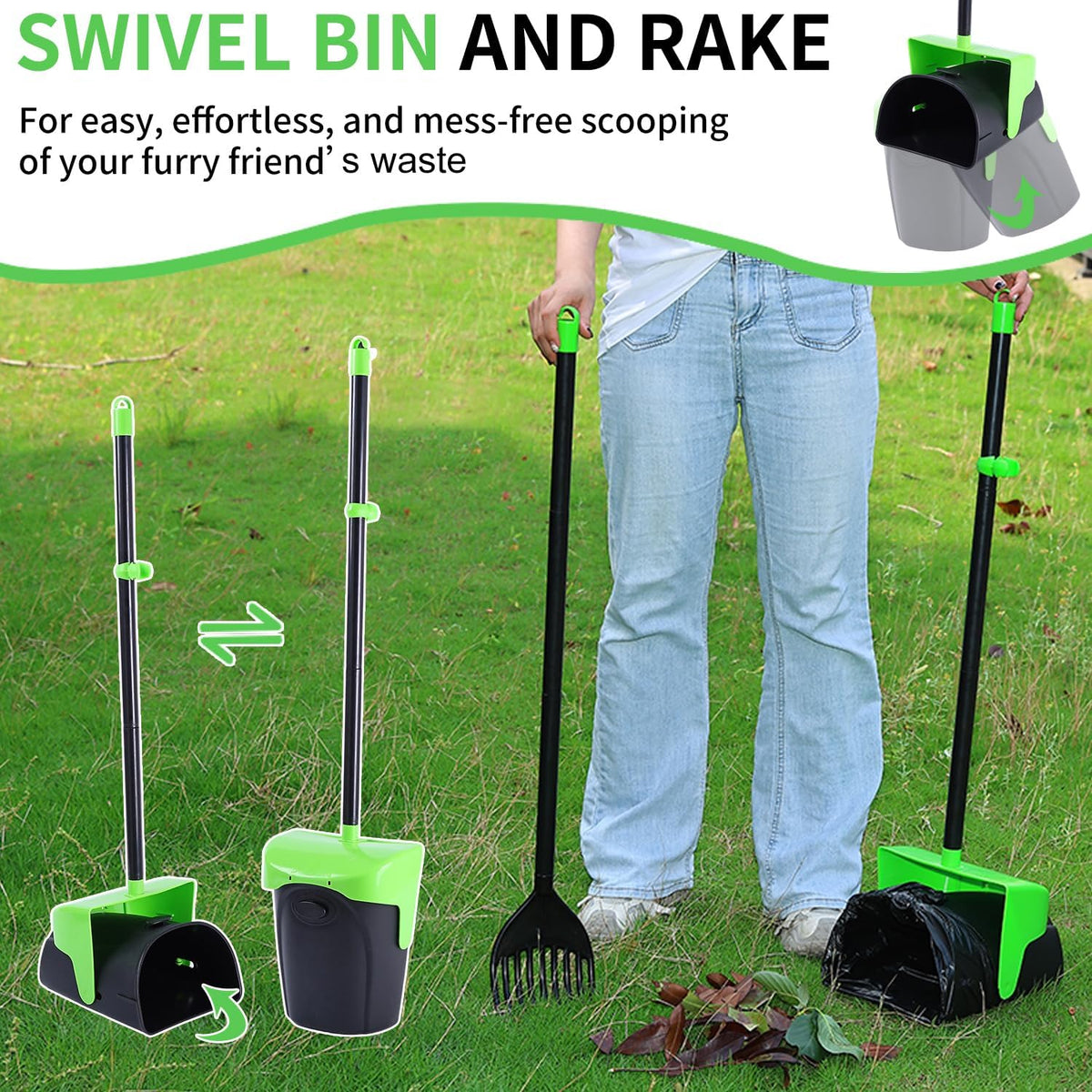 Ienjoyed yard cleaning rake and swivel bin set showing the integrated bag attachment clip