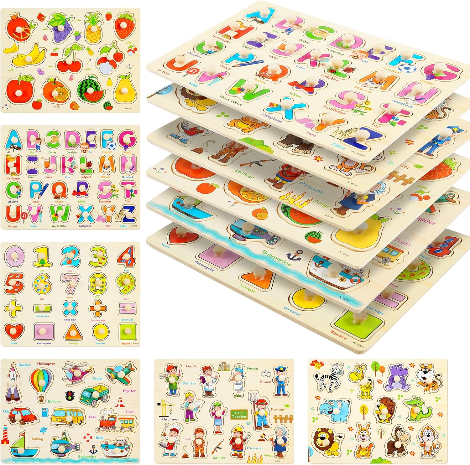 YUNCHY Wooden Peg Puzzles Six Pack front view of alphabet and number boards