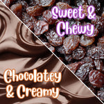 It's Delish raisins in a clear bowl showing chocolate texture
