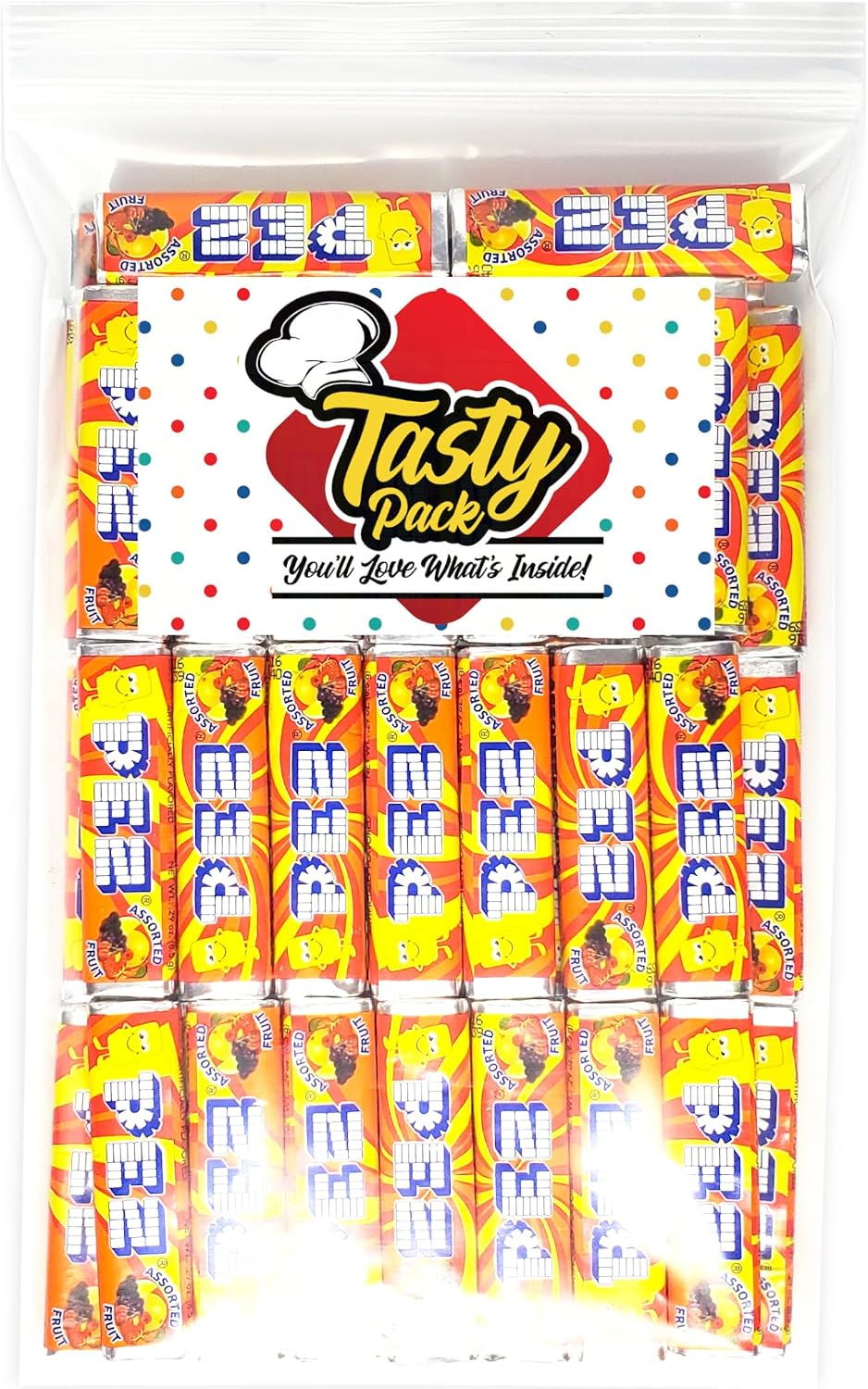 One pound assortment of colorful USA imported hard candies spread out next to packaging