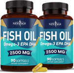 New Age Omega 3 Fish Oil 2500 mg twin pack front view showing premium dietary supplement bottles.