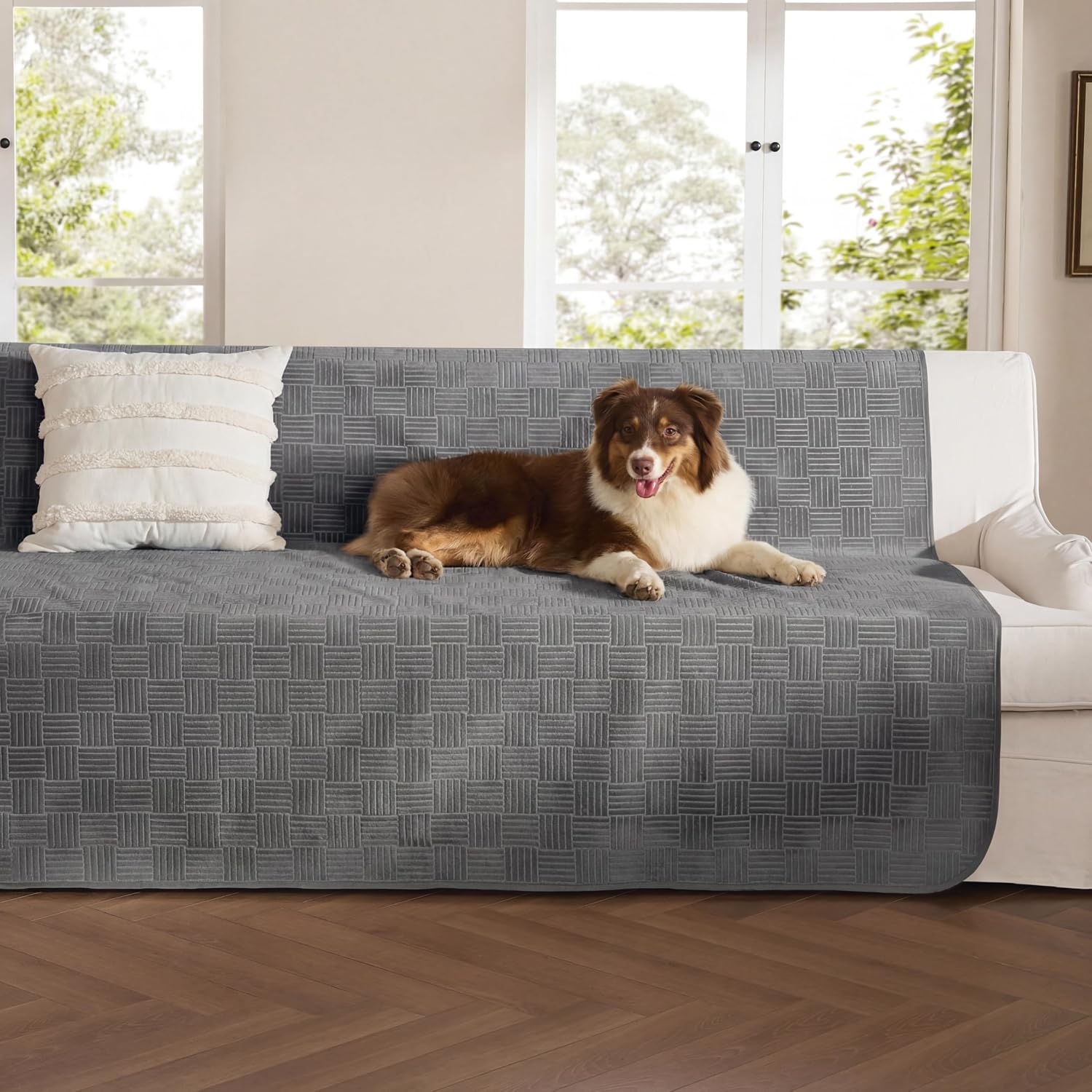 Bedsure waterproof couch cover front view spread on a modern living room sofa.