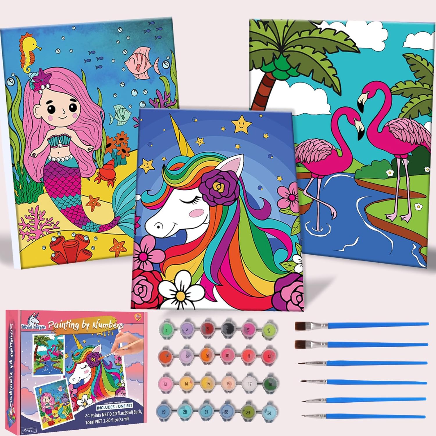 Jovial And Joyful kids paint by numbers kit packaging front view featuring animal themed canvas sets.