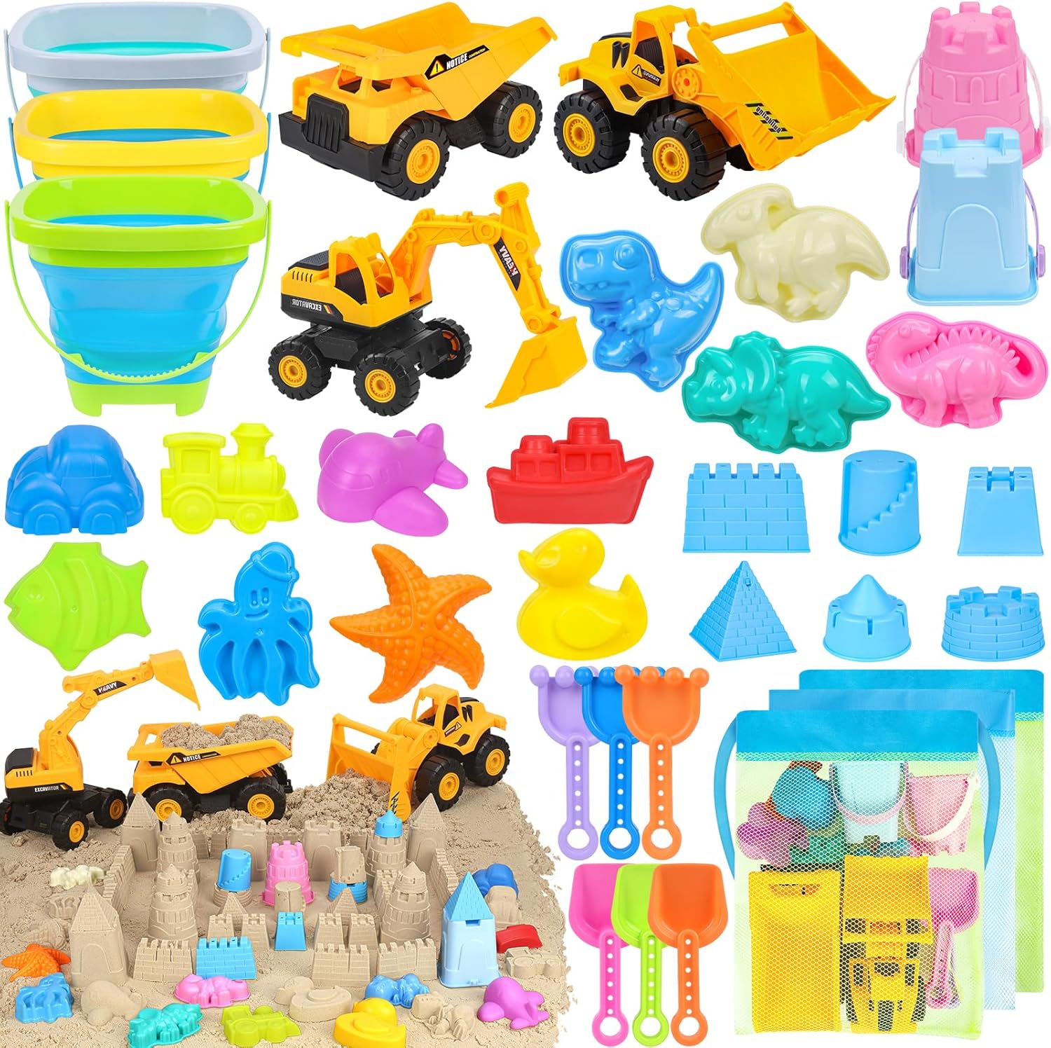 Fhozgecy 35-piece beach toy set including construction vehicles and buckets