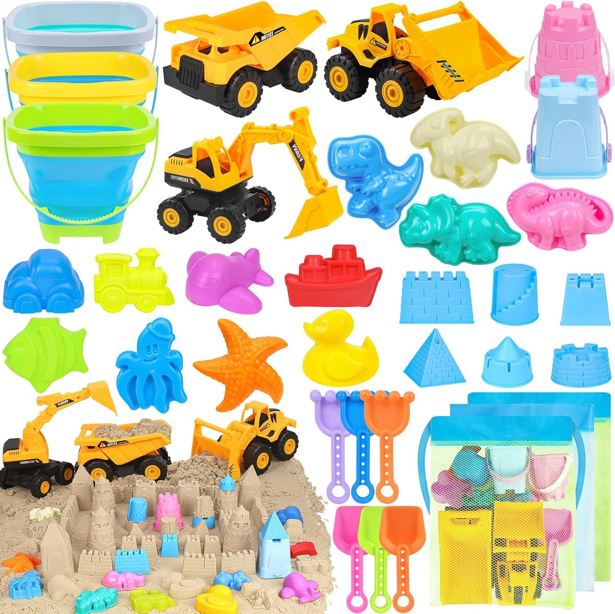 Fhozgecy 35-piece beach toy set including construction vehicles and buckets