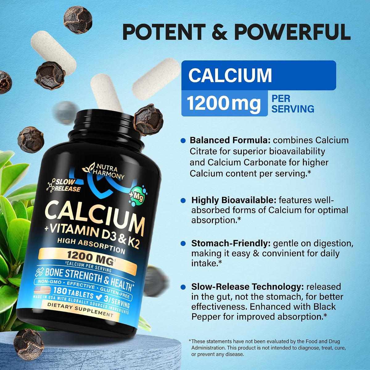 NutraHarmony calcium supplement close up of tablet texture