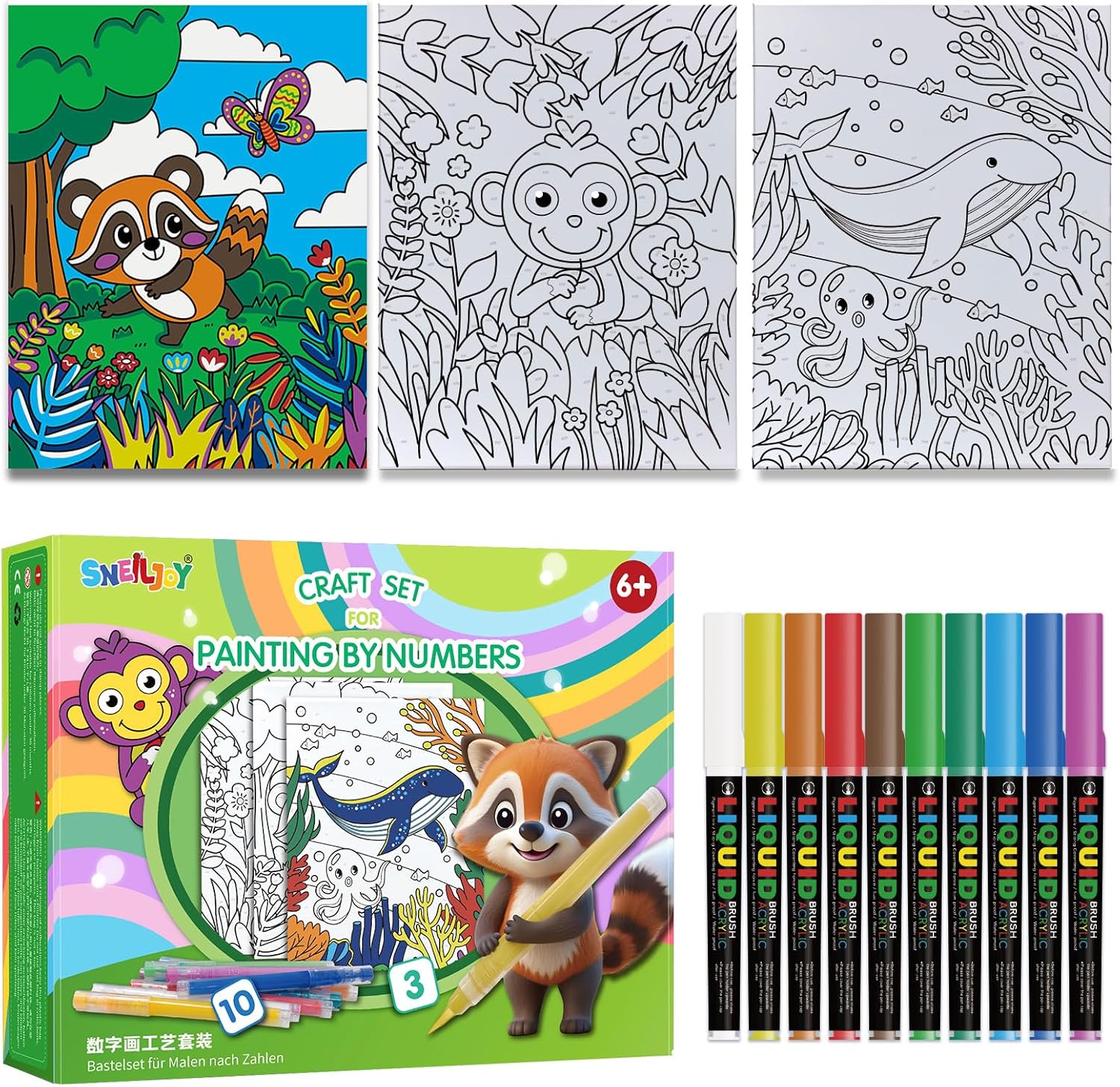 SNEILJOY Paint by Numbers Kit front view showcasing the three animal canvases and acrylic markers.