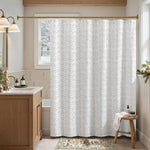 JINCHAN black and white herringbone fabric shower curtain front view hanging in a modern farmhouse bathroom setup.