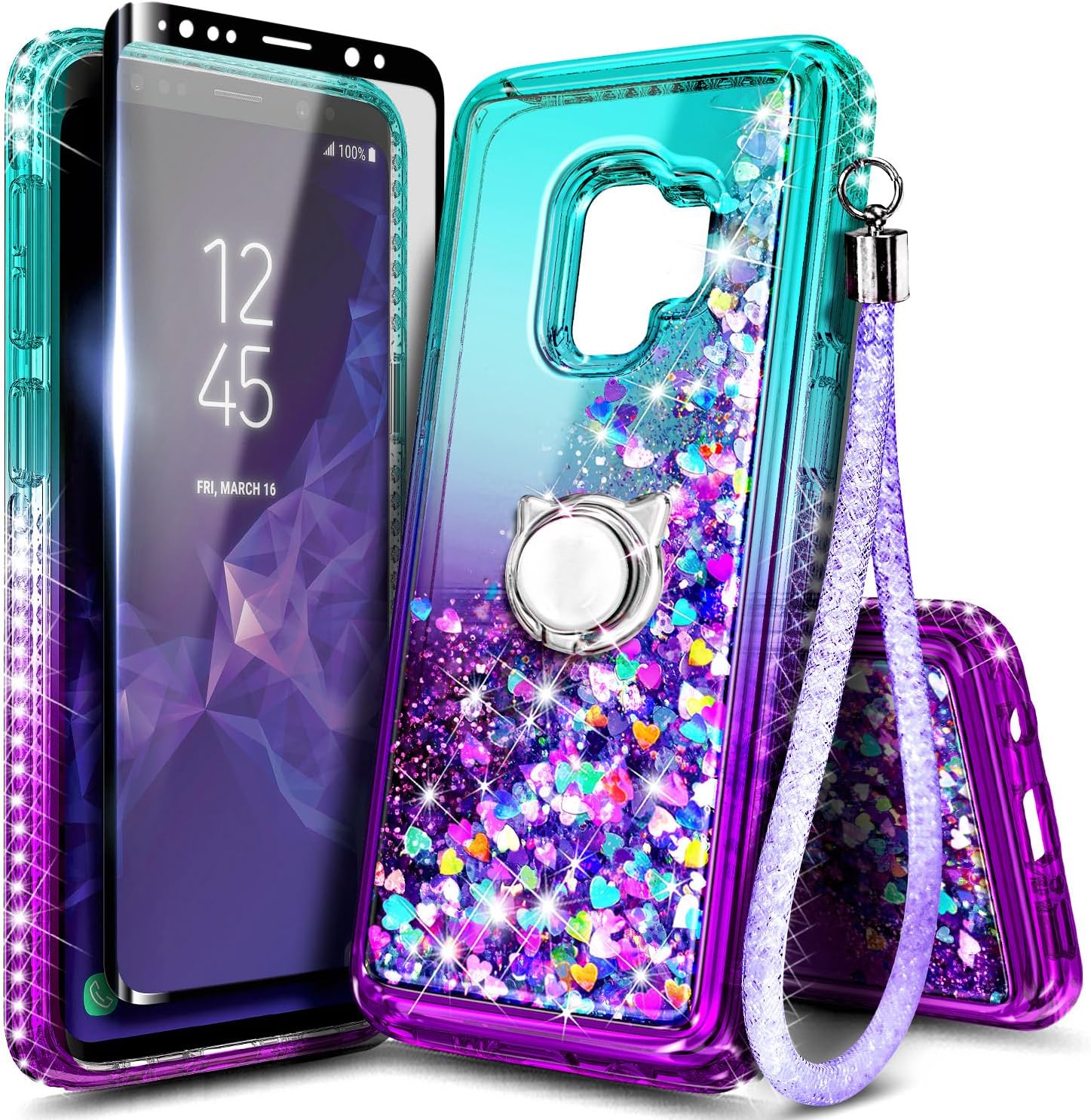 Oixxaf E-Began Samsung Galaxy S9 case front view with glitter liquid