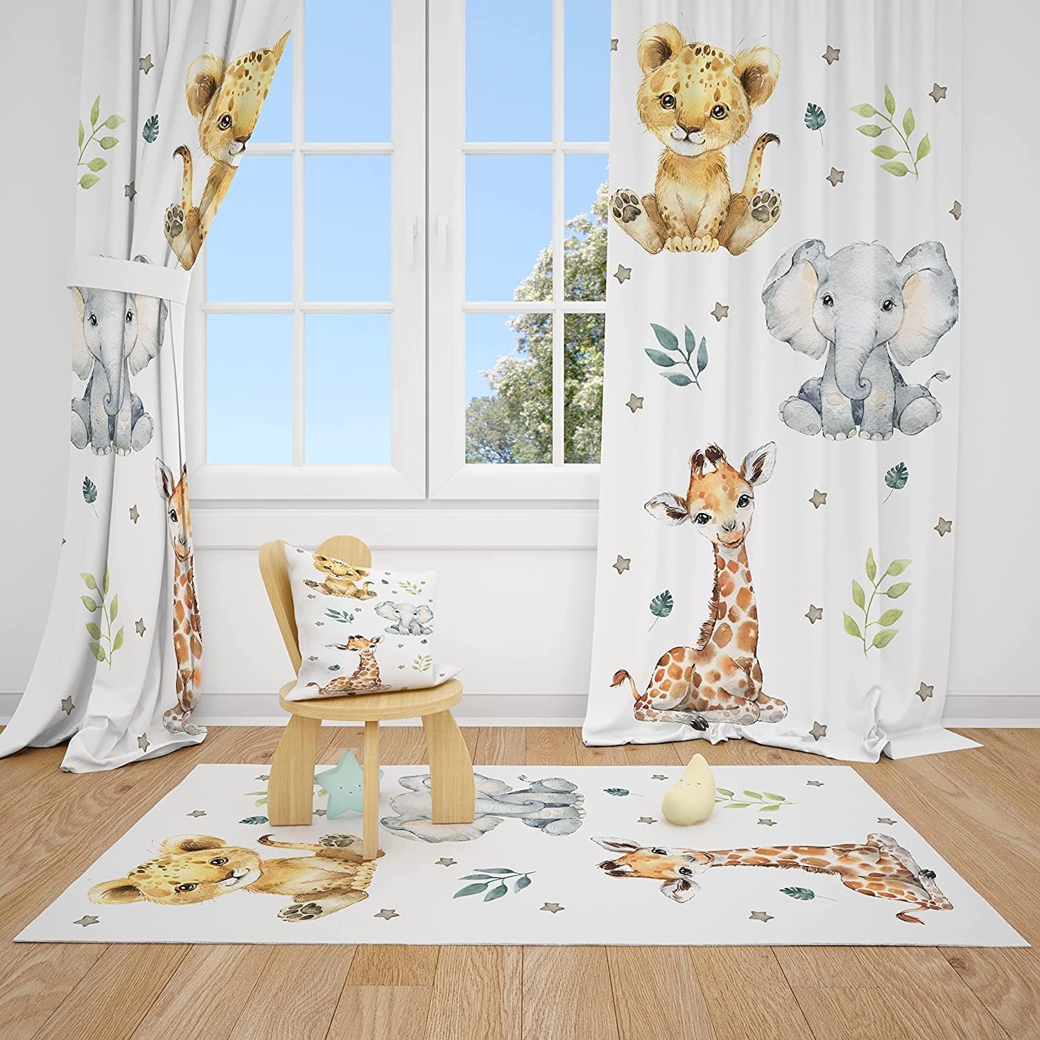 Generic Baby Safari Animals Nursery Window Curtains front view featuring cute printed cartoon jungle forest animals for a boys bedroom