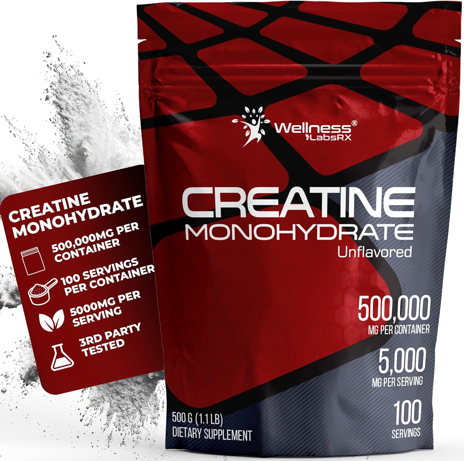 WELLNESS LABSRX Creatine Monohydrate Powder 500g - 100 Servings Micronized Creatine Powder Supplement, Unflavored Creatine for Women and Men, Supports Muscle Strength, Energy, Endurance and Workout - Image 1