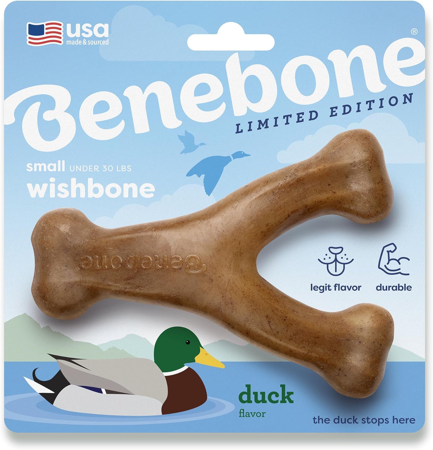 Benebone Wishbone durable dog chew toy in duck flavor front view
