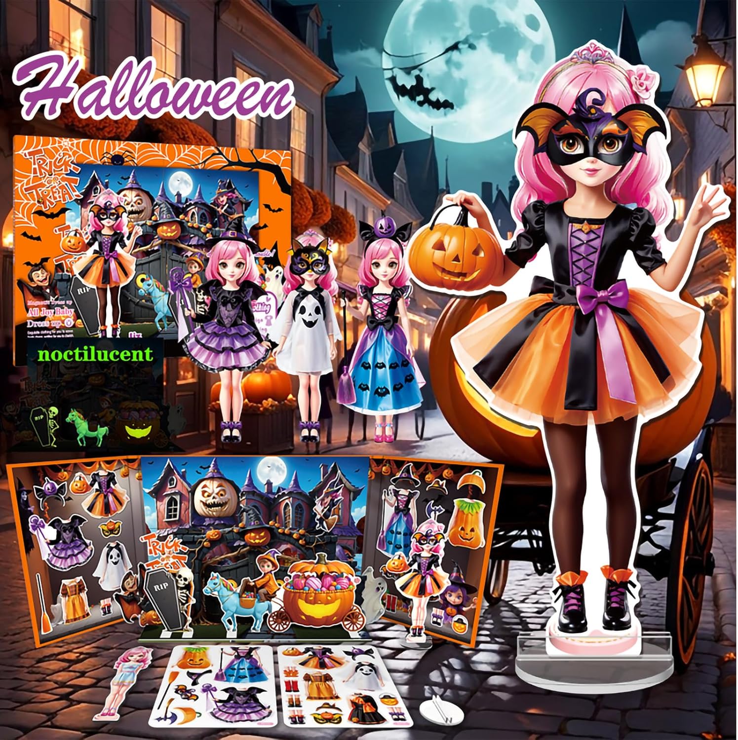 Kidcraft Halloween Magnetic Dress Up Dolls front view showcasing the spooky witch and pumpkin fairy costumes.