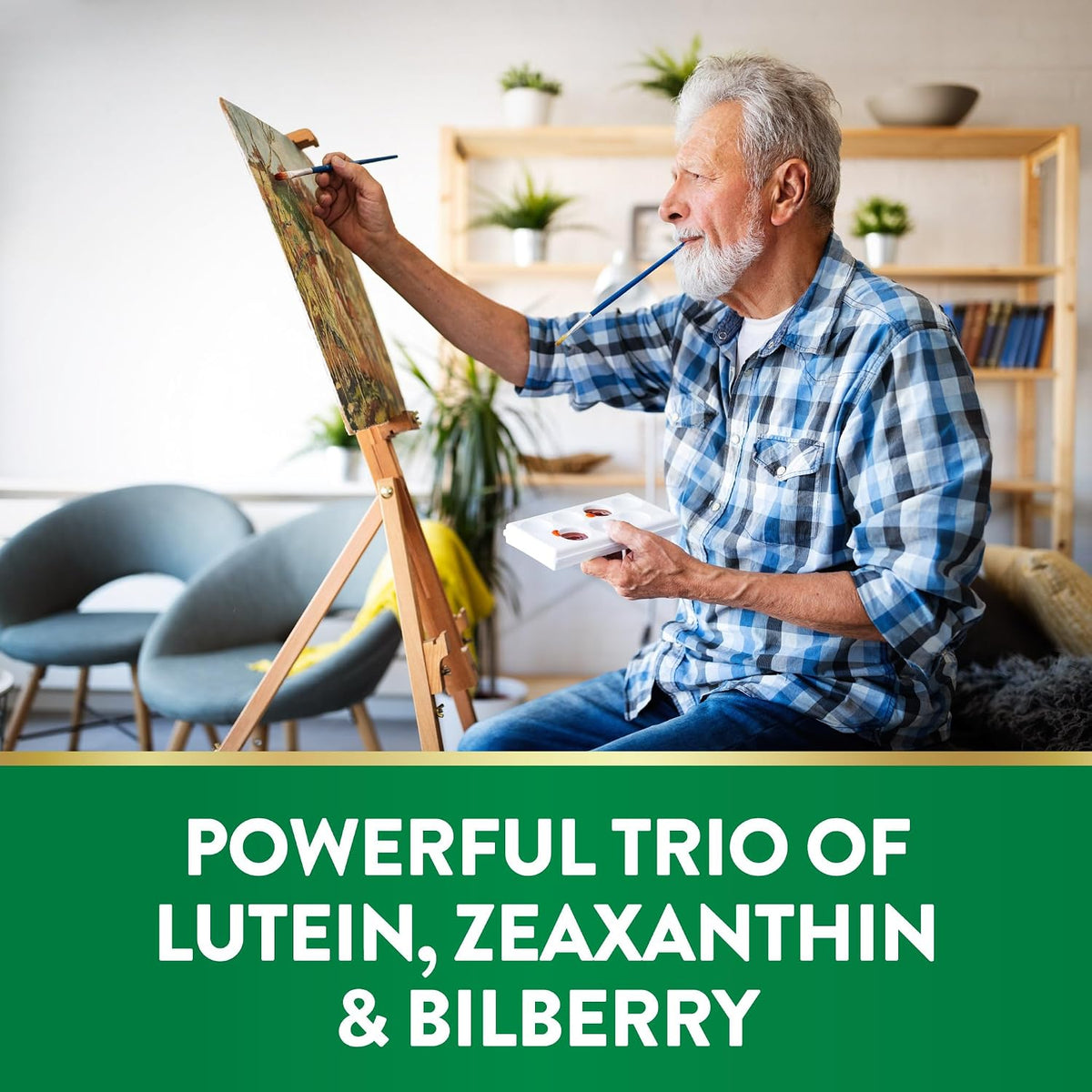 Supplement facts panel highlighting lutein and bilberry extract.