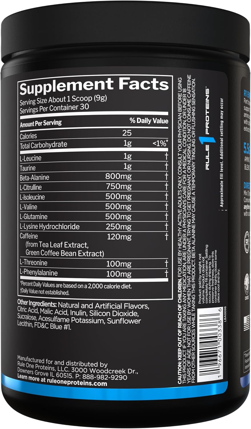 Rule 1 Energized Amino nutrition facts label and ingredient panel
