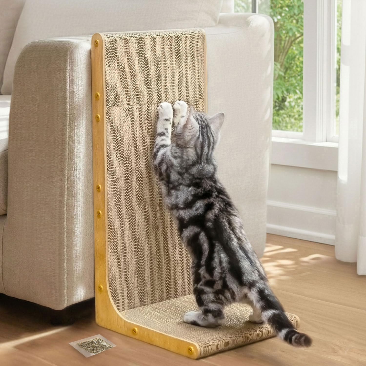 Conlun cardboard cat scratcher front view showing L-shaped design and wood grain finish