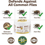 Happy Jack Onex fly repellent wound ointment displaying target species icons for dogs and horses.