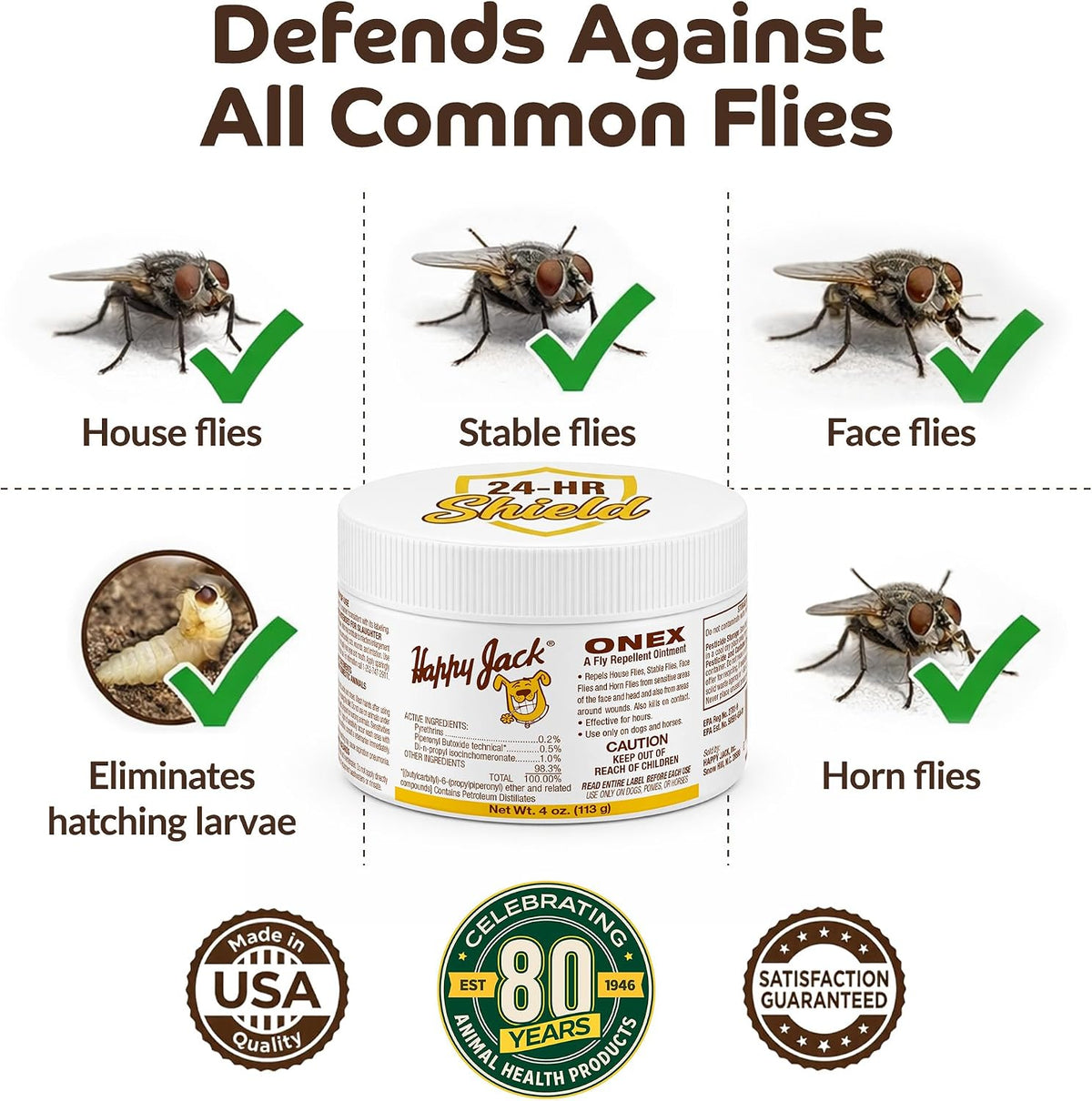 Happy Jack Onex fly repellent wound ointment displaying target species icons for dogs and horses.