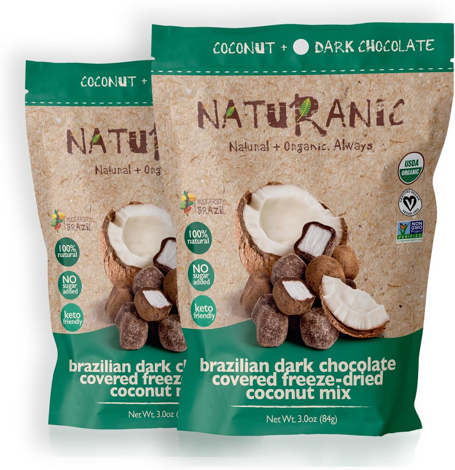 Naturanic Brazilian Dark Chocolate Coconut Snack front view package
