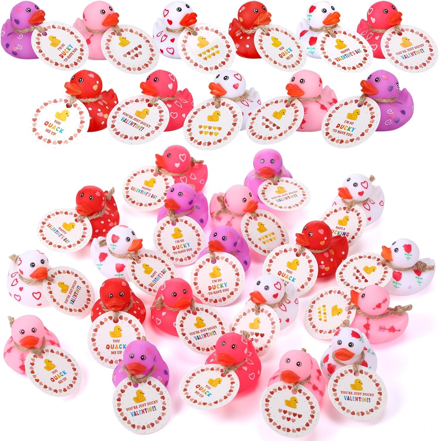 Jerify Valentine Rubber Duckies front view showing colorful heart patterns and matching gift cards.