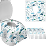 DEEKI disposable toilet seat covers front view of individually wrapped pack with cartoon dinosaur design