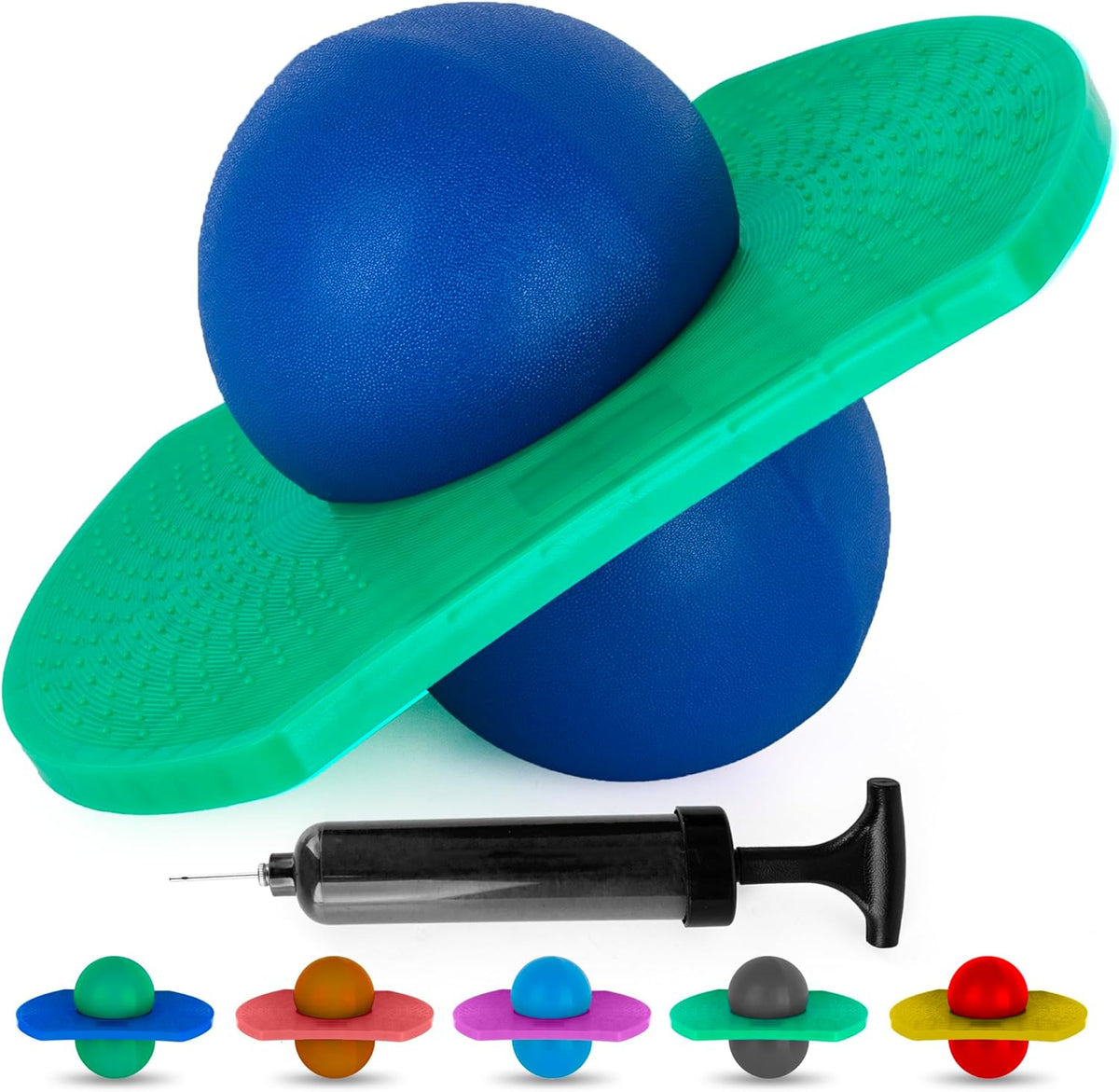 ArtCreativity Pogo Ball for kids front view showing green textured deck and blue inflatable ball