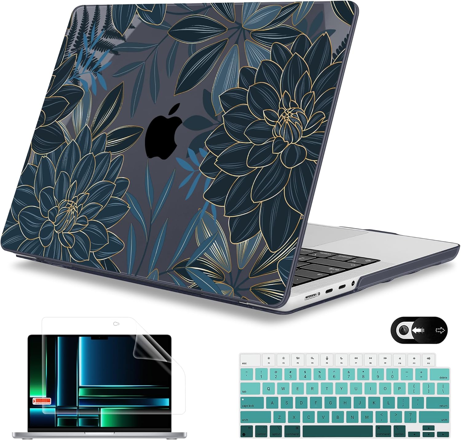 Mektron MacBook Pro 14 hard shell case front view featuring dark teal dahlia flowers with gold accents.