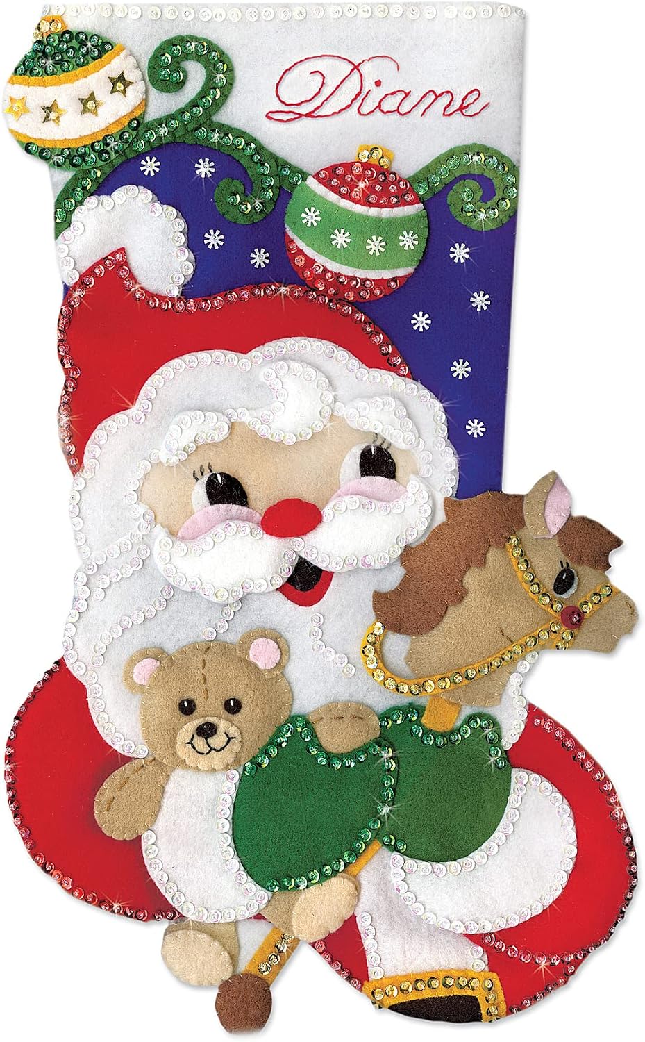 Design Works Santa and Toys Felt Stocking Kit front view with packaging and materials.