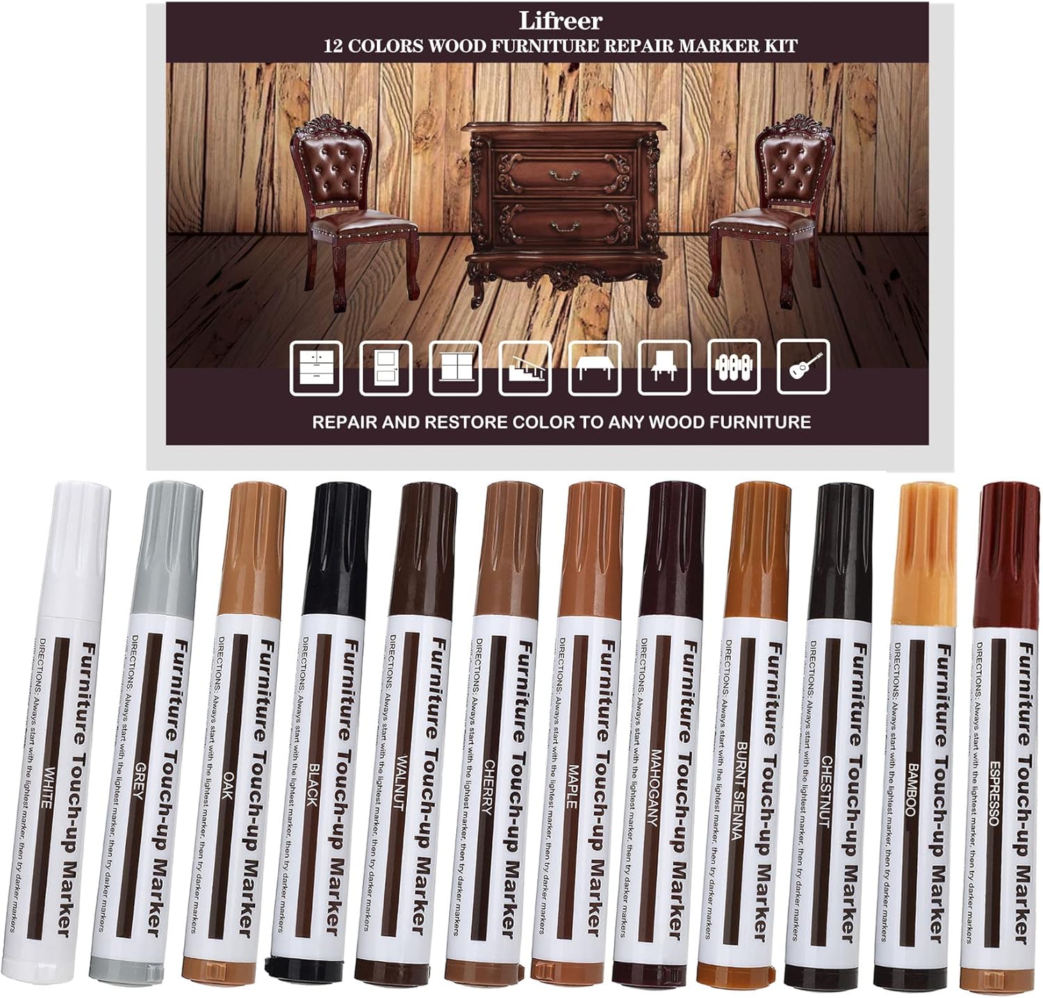 Lifreer Furniture Touch Up Markers 12 Colors kit front view for wood repair.