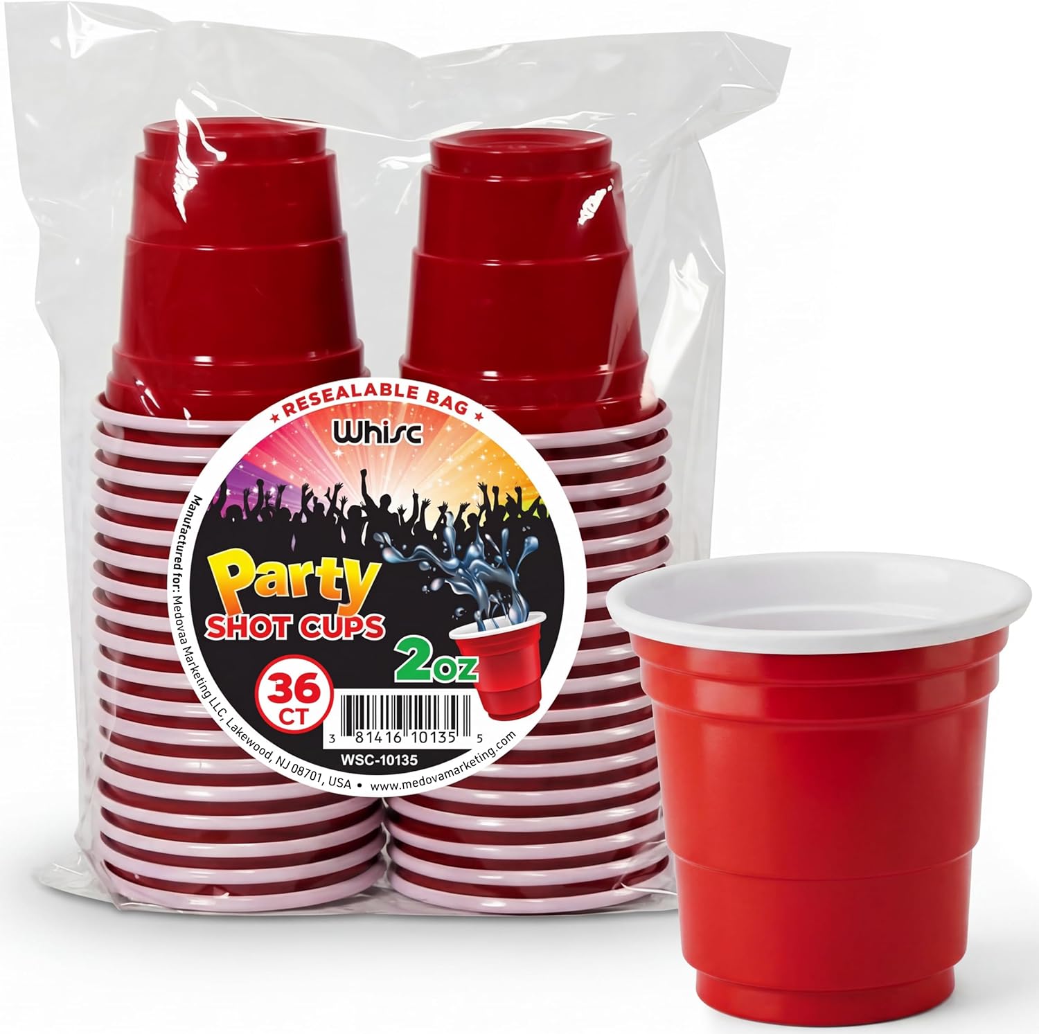 WHISC Red Disposable Shot Glasses front view 36 pack for party catering