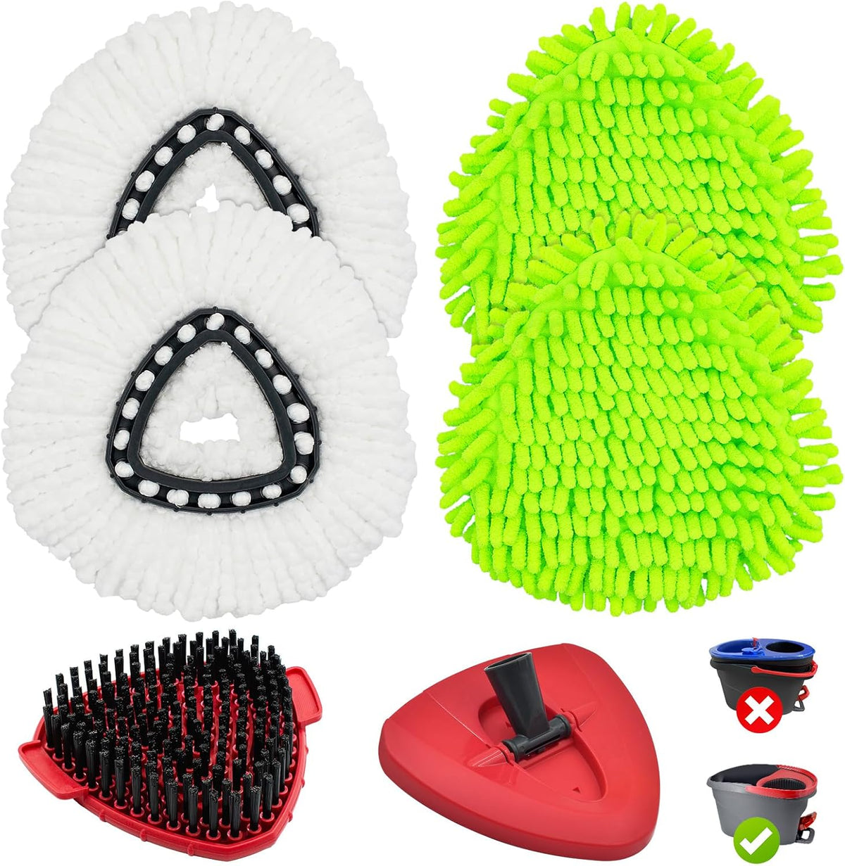 Uoiispet spin mop replacement head kit front view showing four white microfiber refills and one blue scrub brush