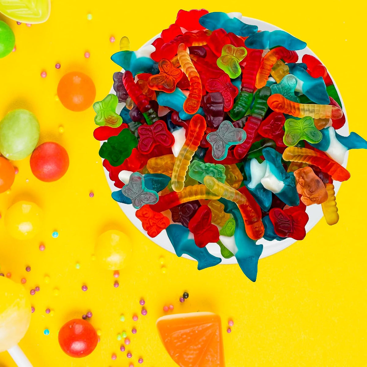 Premium imported USA gummy candy mix filled in a clear party favor bowl