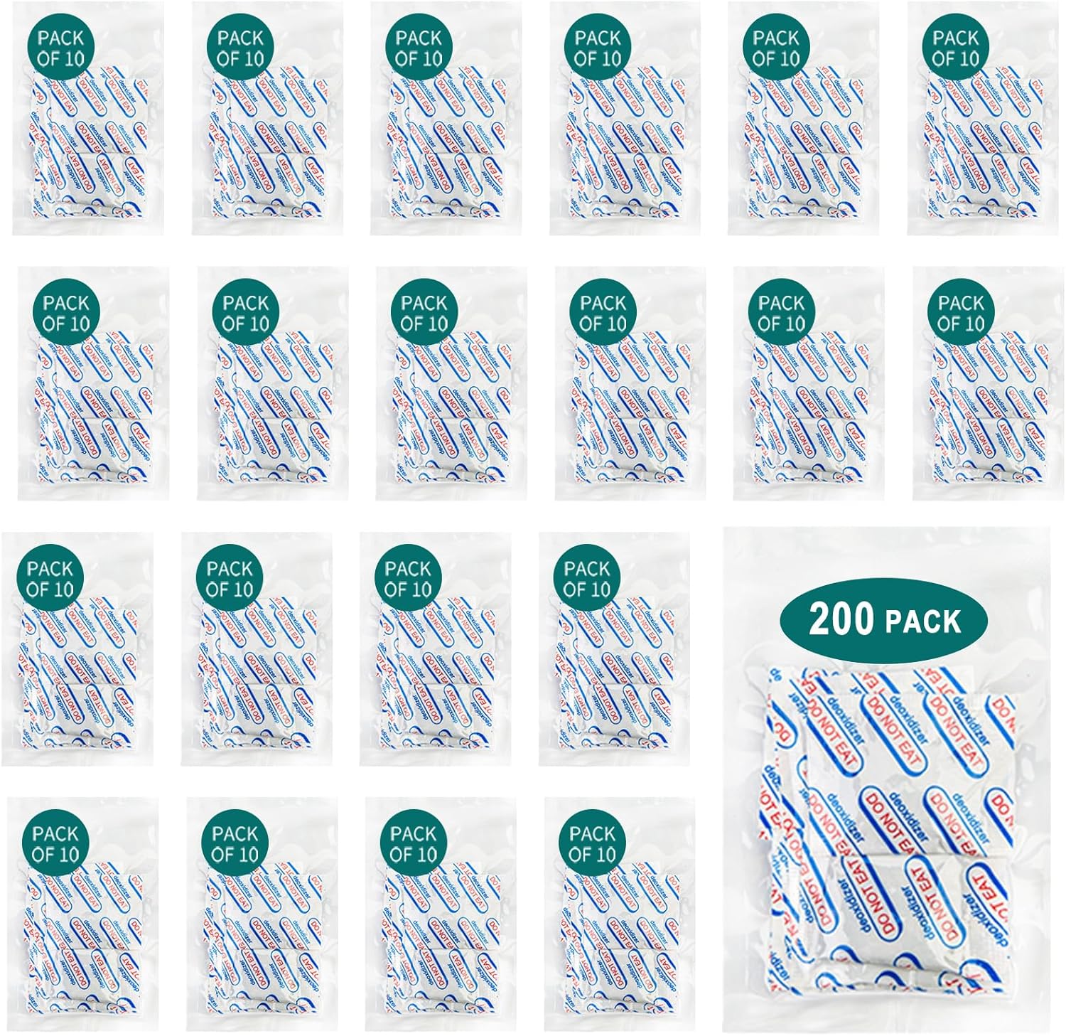 Hombao 200 Packs 200CC Oxygen Absorbers for Food Storage - Food Grade, 10 Packs x 1 Vacuum Bag - Image 1