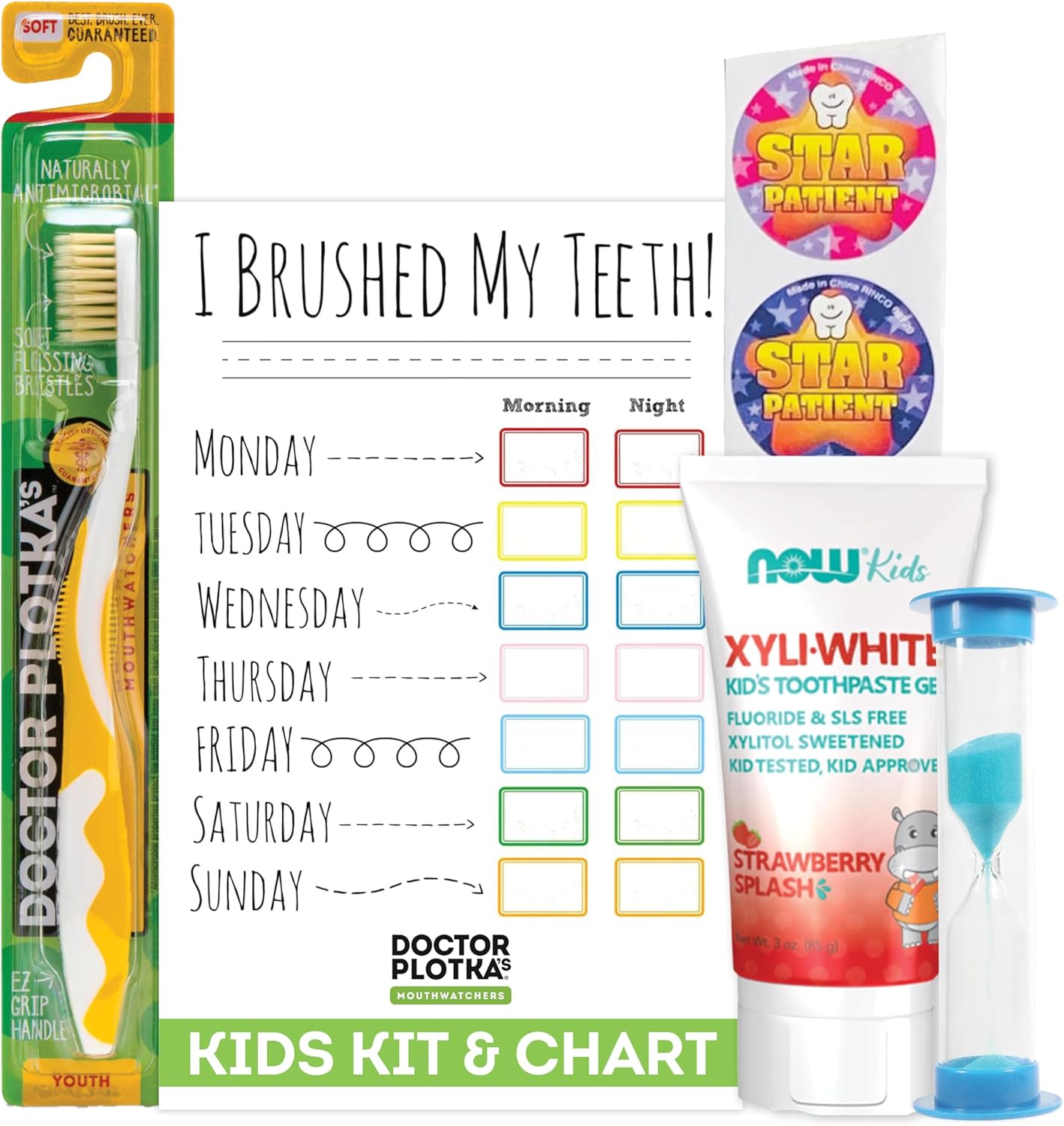 MOUTHWATCHERS Childrens Dental Care Kit: Toothbrush for Kids, 3 oz Strawberry Fluoride Free Toothpaste, Dry Erase Checkboard, Timer, Stickers, Manual Flossing Toothbrushes Gift Set, by Dr. Plotka's - Image 1