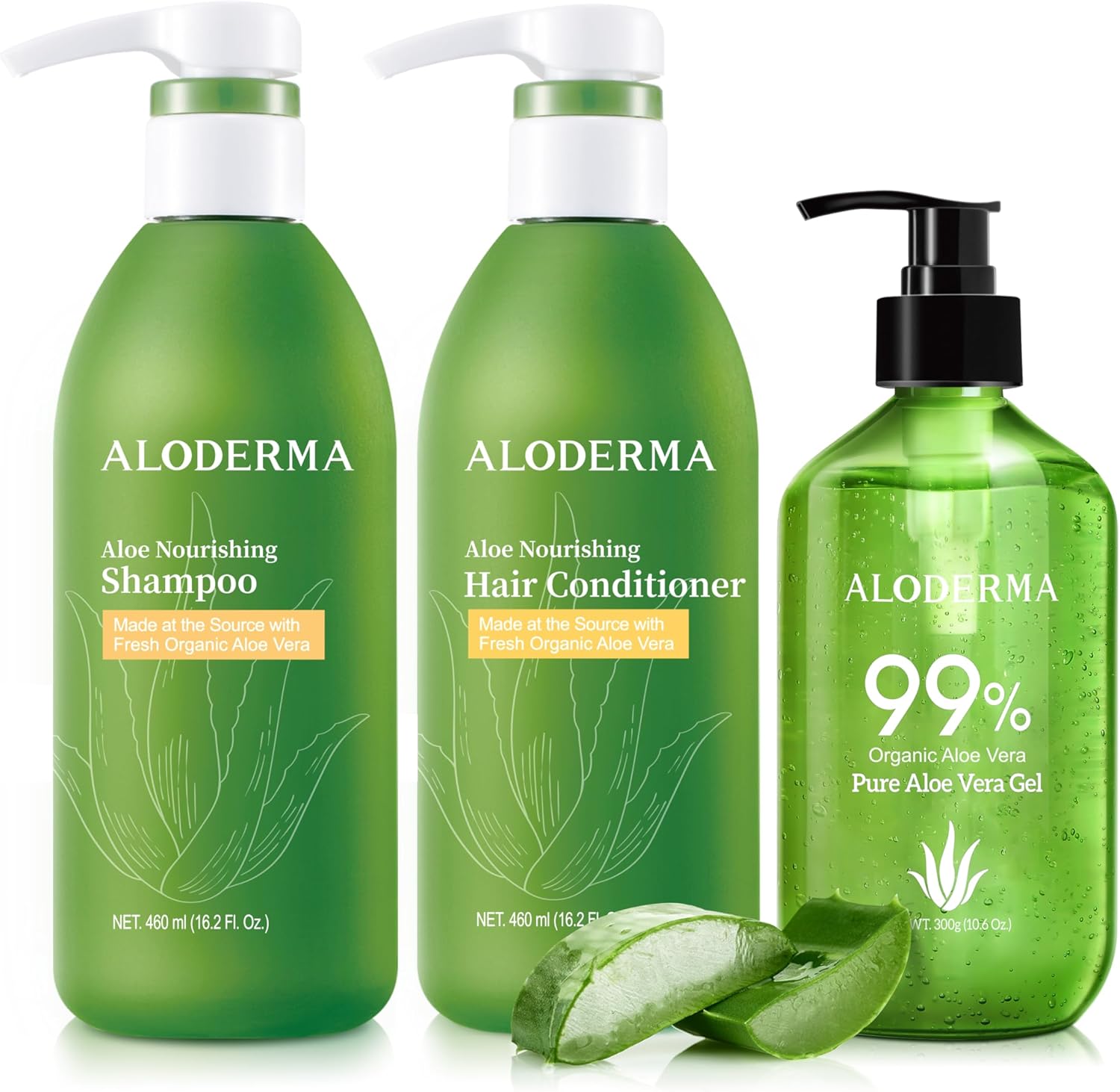 Aloderma Aloe Nourishing Set front view showcasing the organic shampoo conditioner and pure aloe vera gel bottles for deep hair hydration