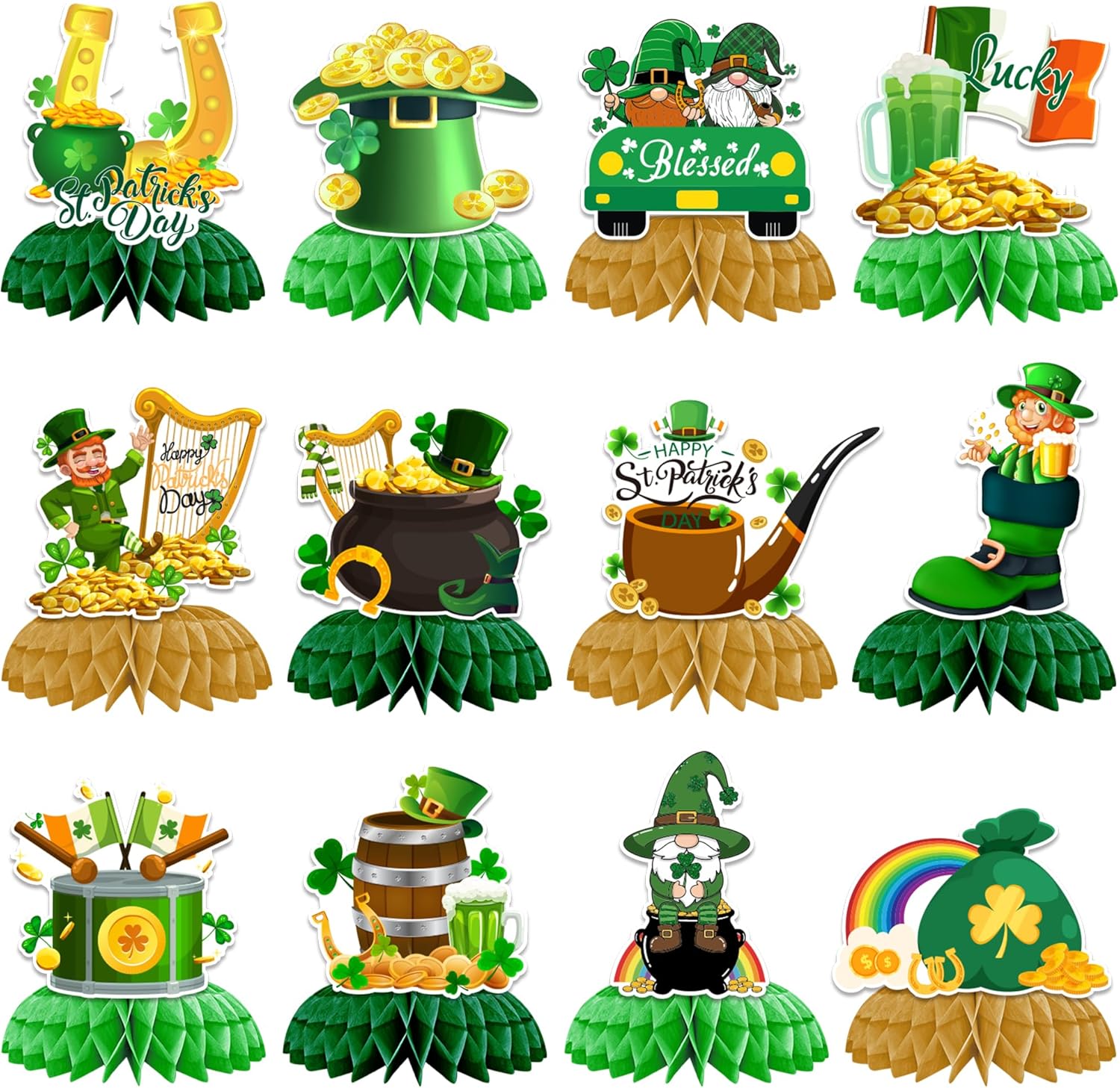 Ittebiss St Patricks Day Honeycomb Centerpiece front view showing assorted Irish designs