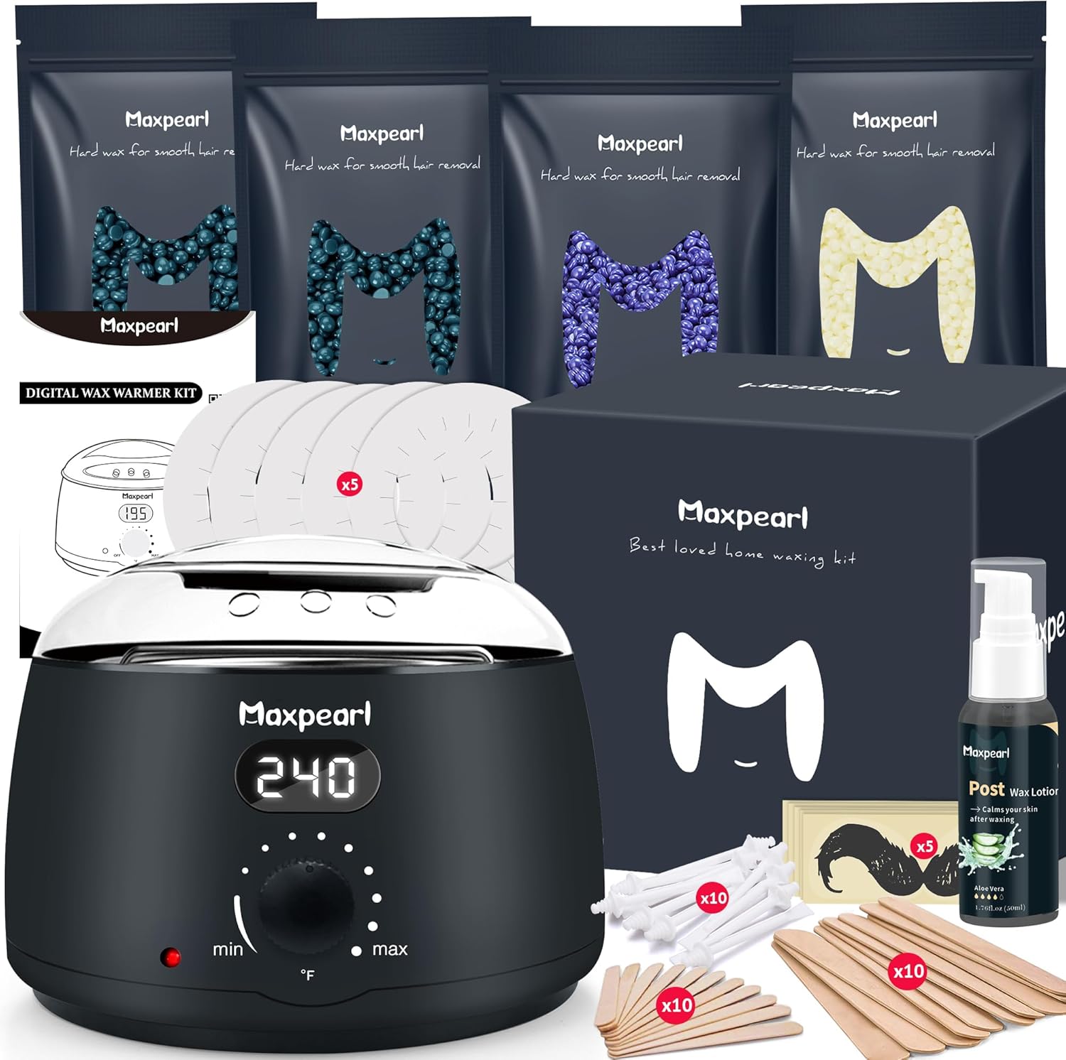 Maxpearl Digital Waxing Kit front view showing LCD temperature display warmer and wax bead packages
