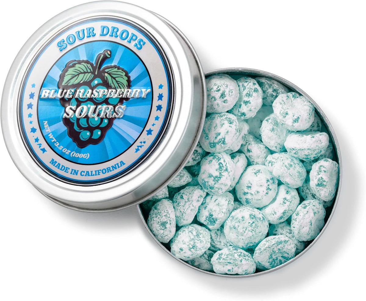 Close up of sour fruit candy texture in open tin